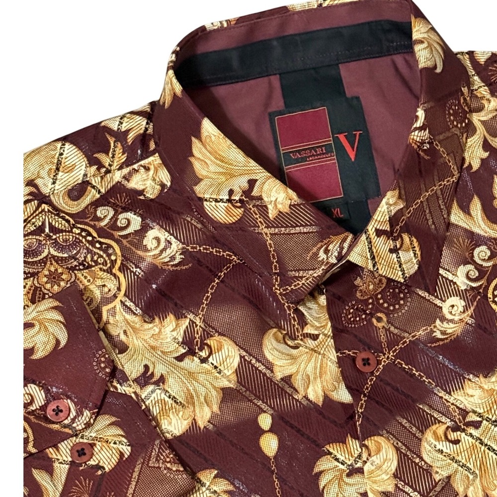 Vassari Los Angeles Men's XL Long Sleeve Button‎ Up Shirt Brown Gold Baroque